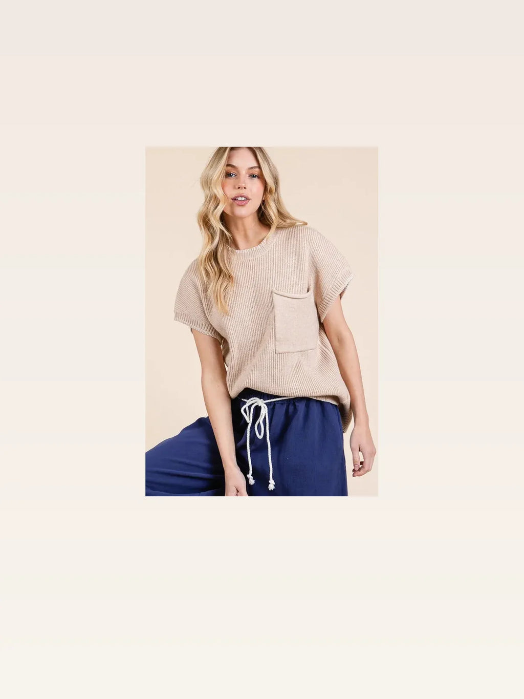 Cap Sleeve Ribbed Knit Sweater with Stitch Edge and Pocket Detail