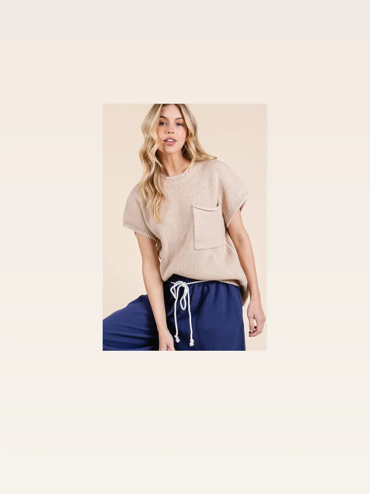 Cap Sleeve Ribbed Knit Sweater with Stitch Edge and Pocket Detail