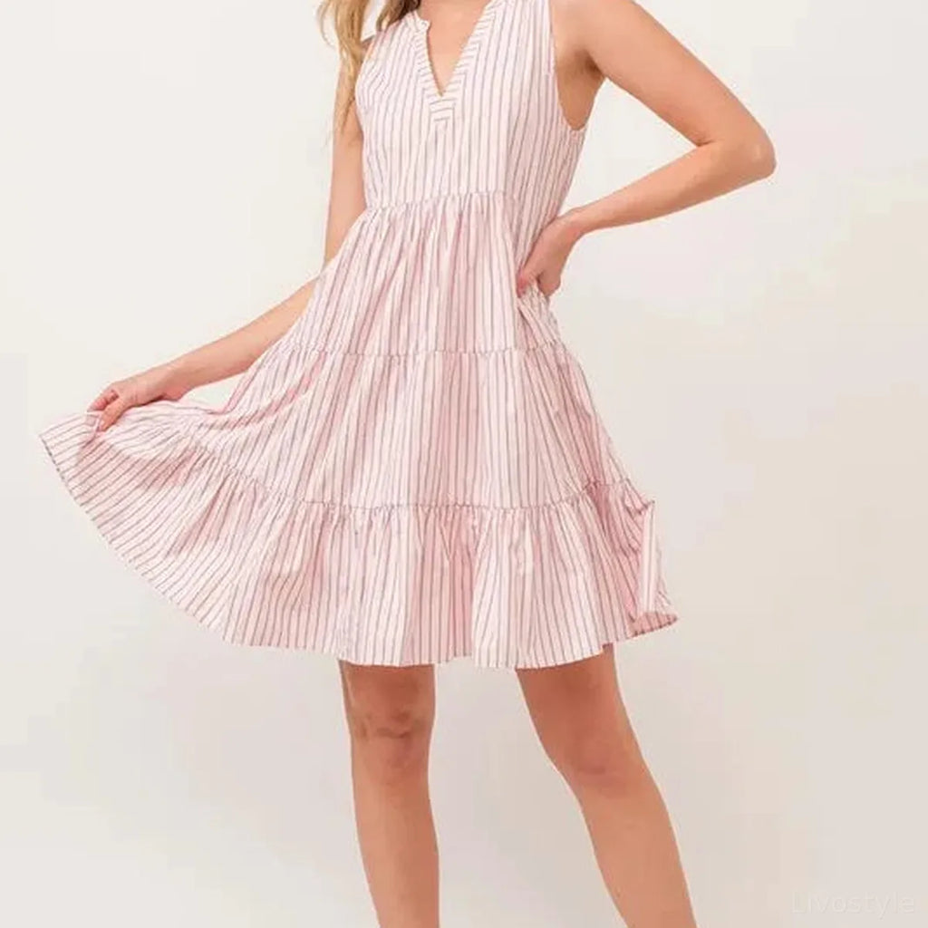Striped Sleeveless V-Neck Tiered Mini Dress