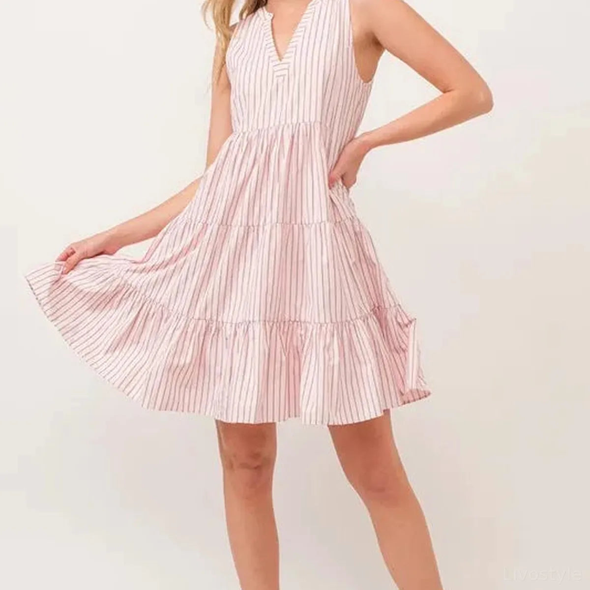 Striped Sleeveless V-Neck Tiered Mini Dress