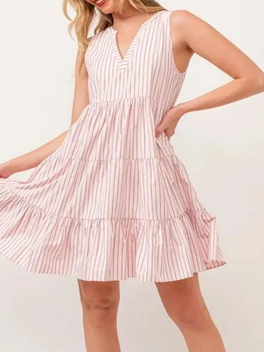 Striped Sleeveless V-Neck Tiered Mini Dress