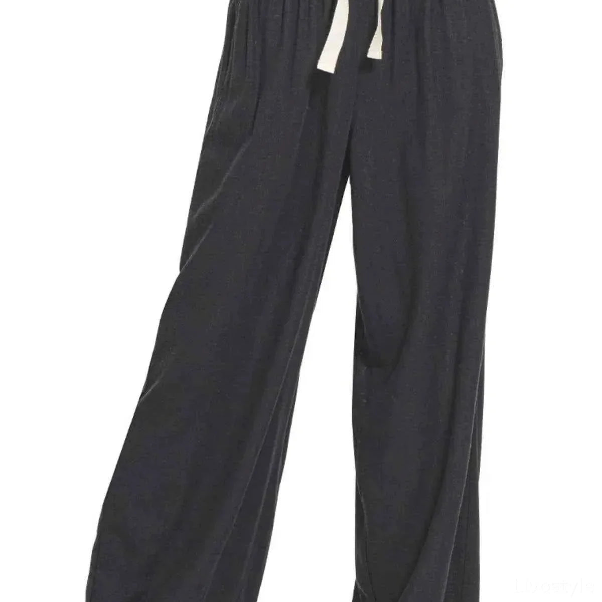 Linen Blend Drawstring Wide Leg Pants – Black