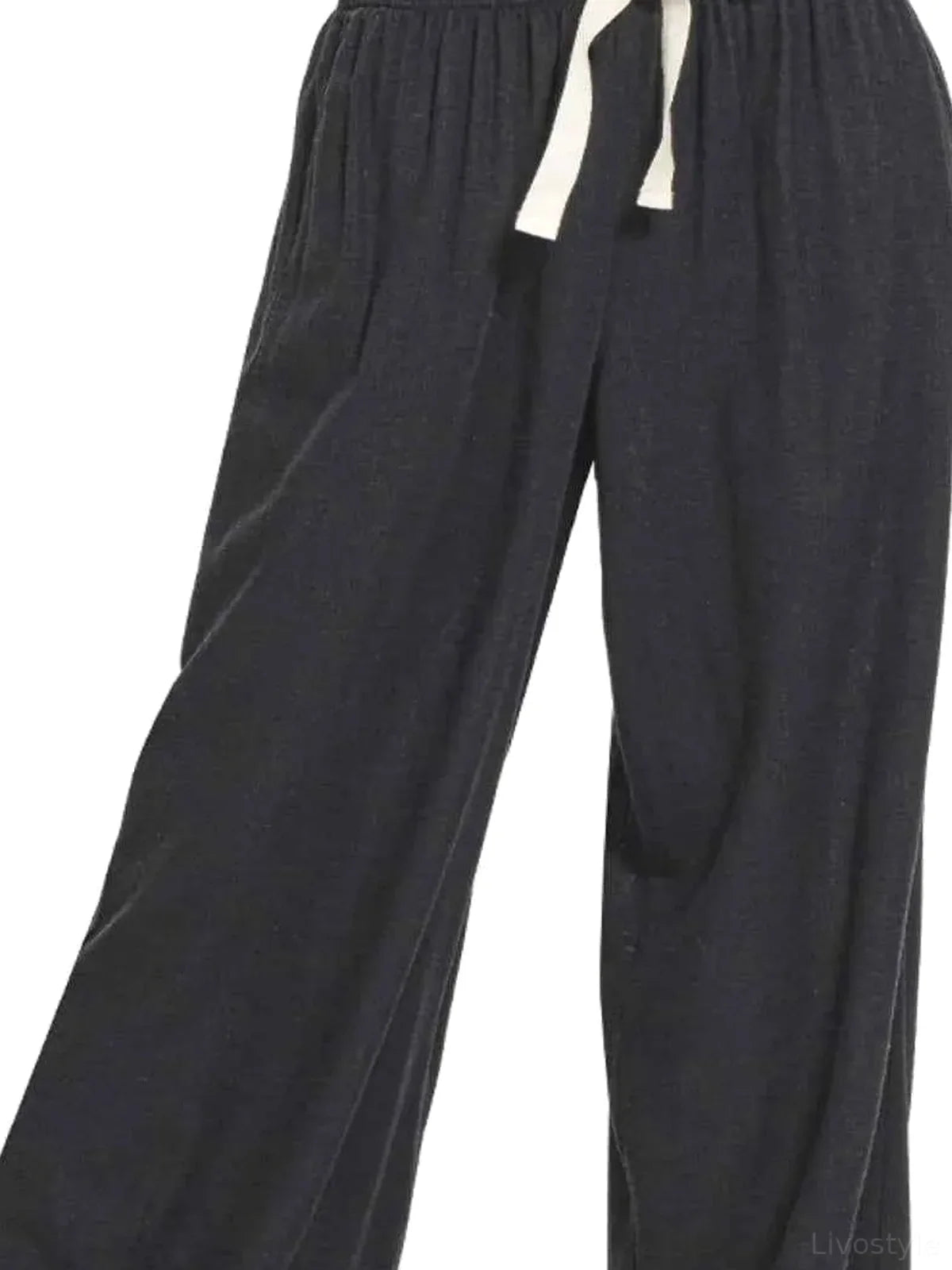 Linen Blend Drawstring Wide Leg Pants – Black