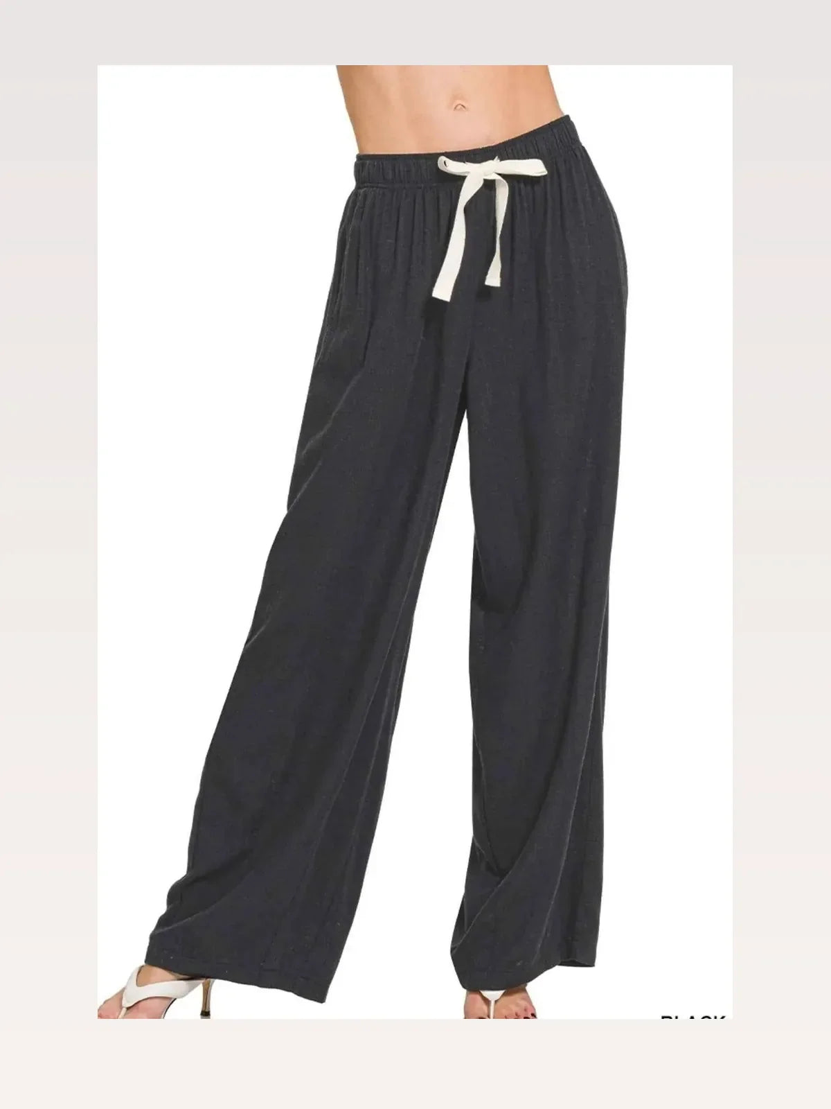 Linen Blend Drawstring Wide Leg Pants – Black