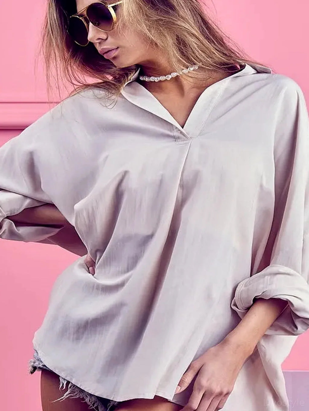 Loose Fit Cotton Button-Down Shirt with Collared V-Neck