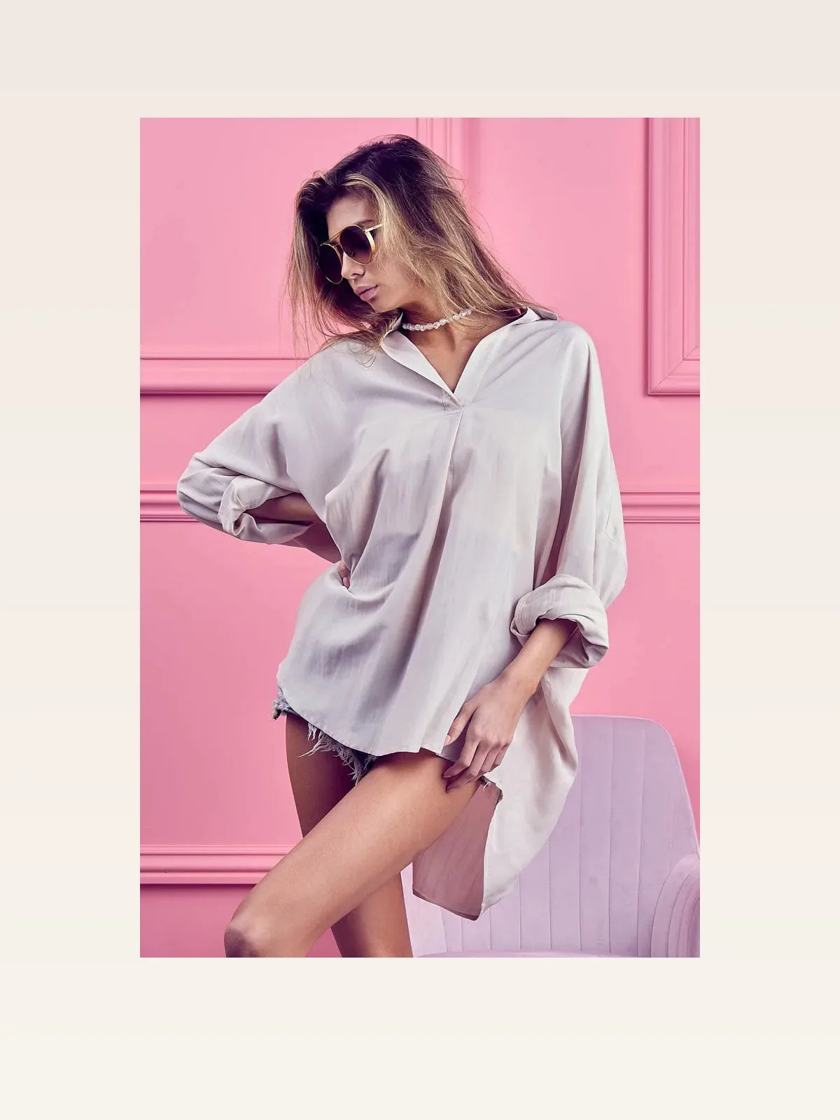 Loose Fit Cotton Button-Down Shirt with Collared V-Neck