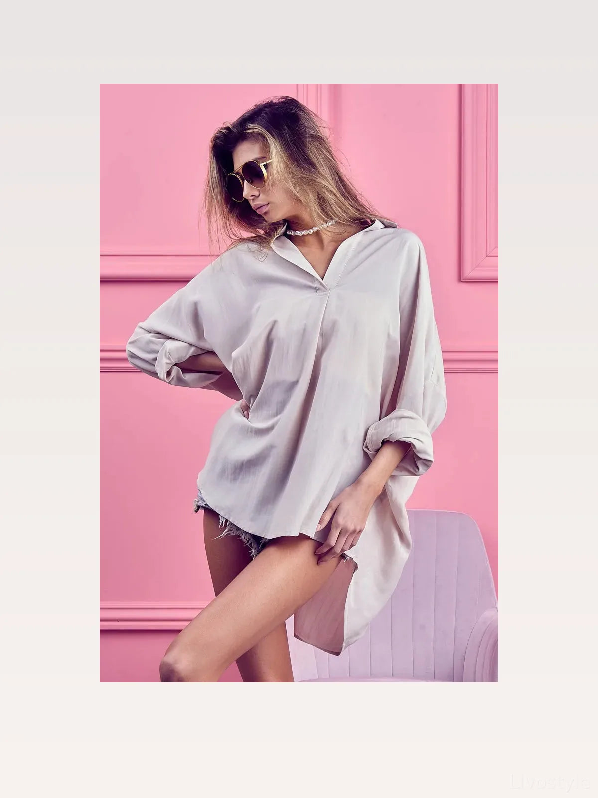 Loose Fit Cotton Button-Down Shirt with Collared V-Neck