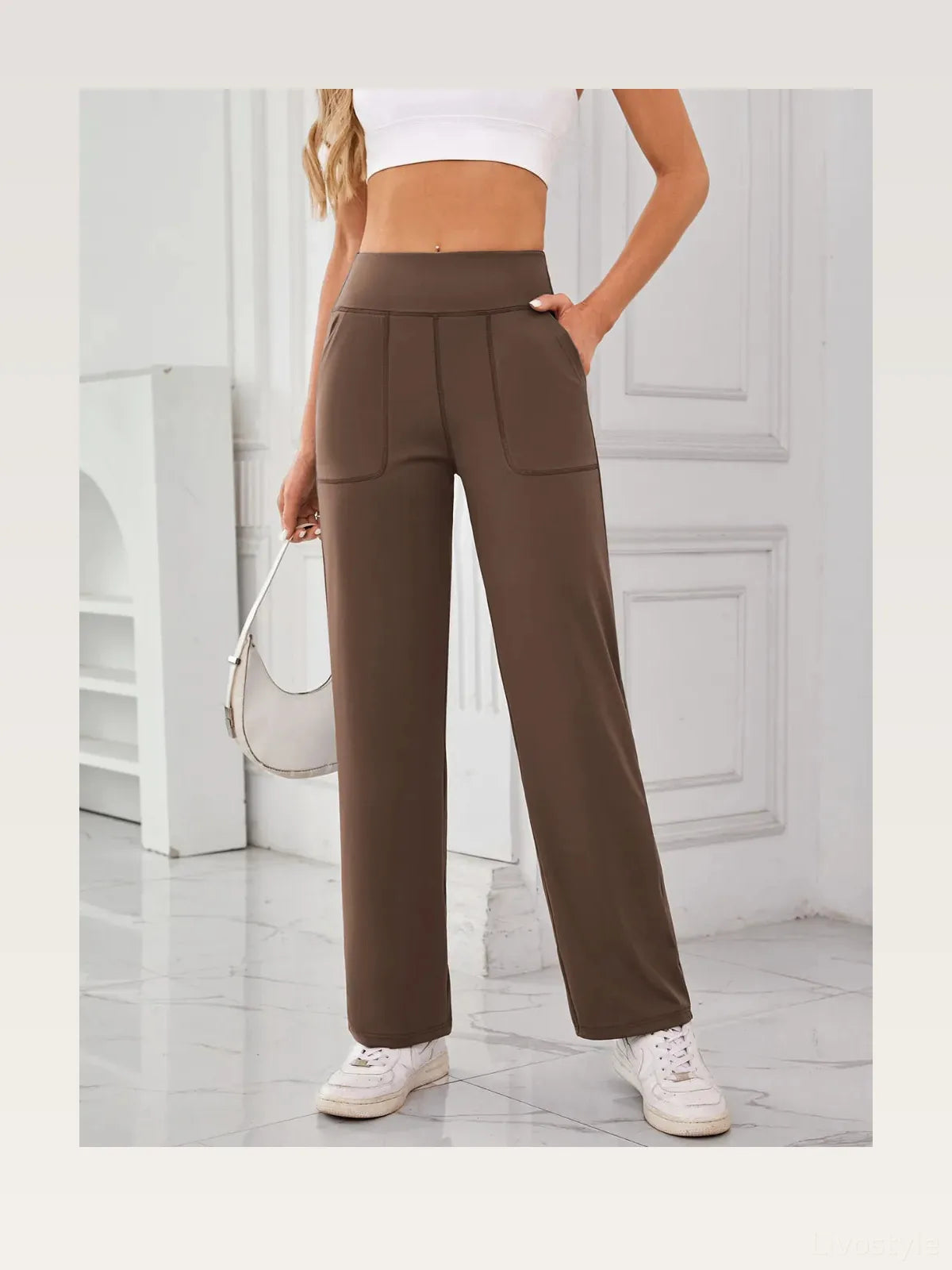 High Waist Straight Leg Active Pants with Pockets