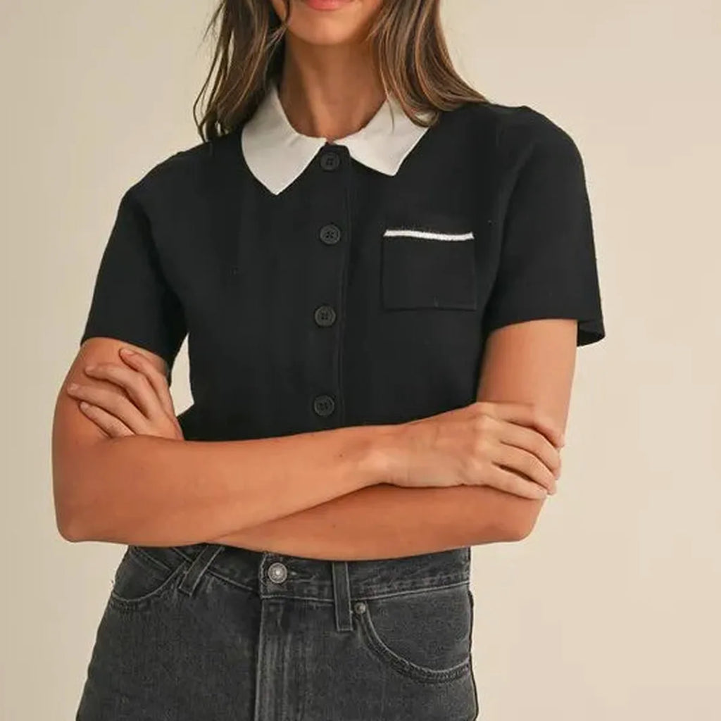 Button Down Contrast Collar Knit Cardigan with Pockets
