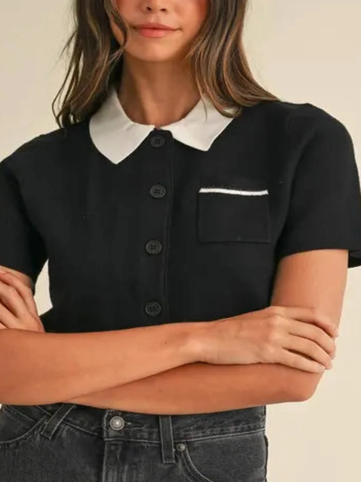 Button Down Contrast Collar Knit Cardigan with Pockets