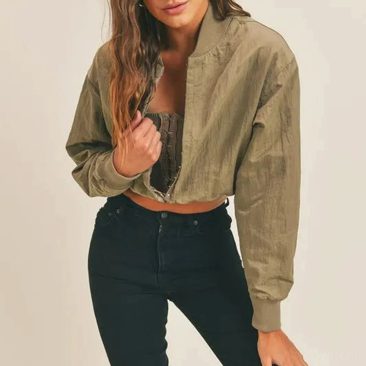 Cropped Two-Way Zip Jacket with Stand Collar
