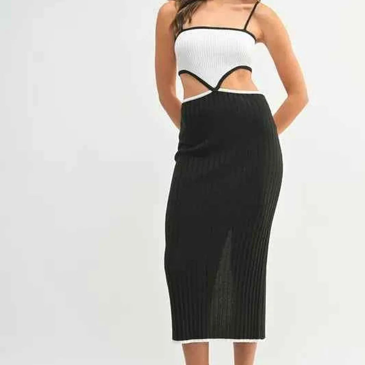 Black Ribbed Knit Color Block Cutout Midi Dress