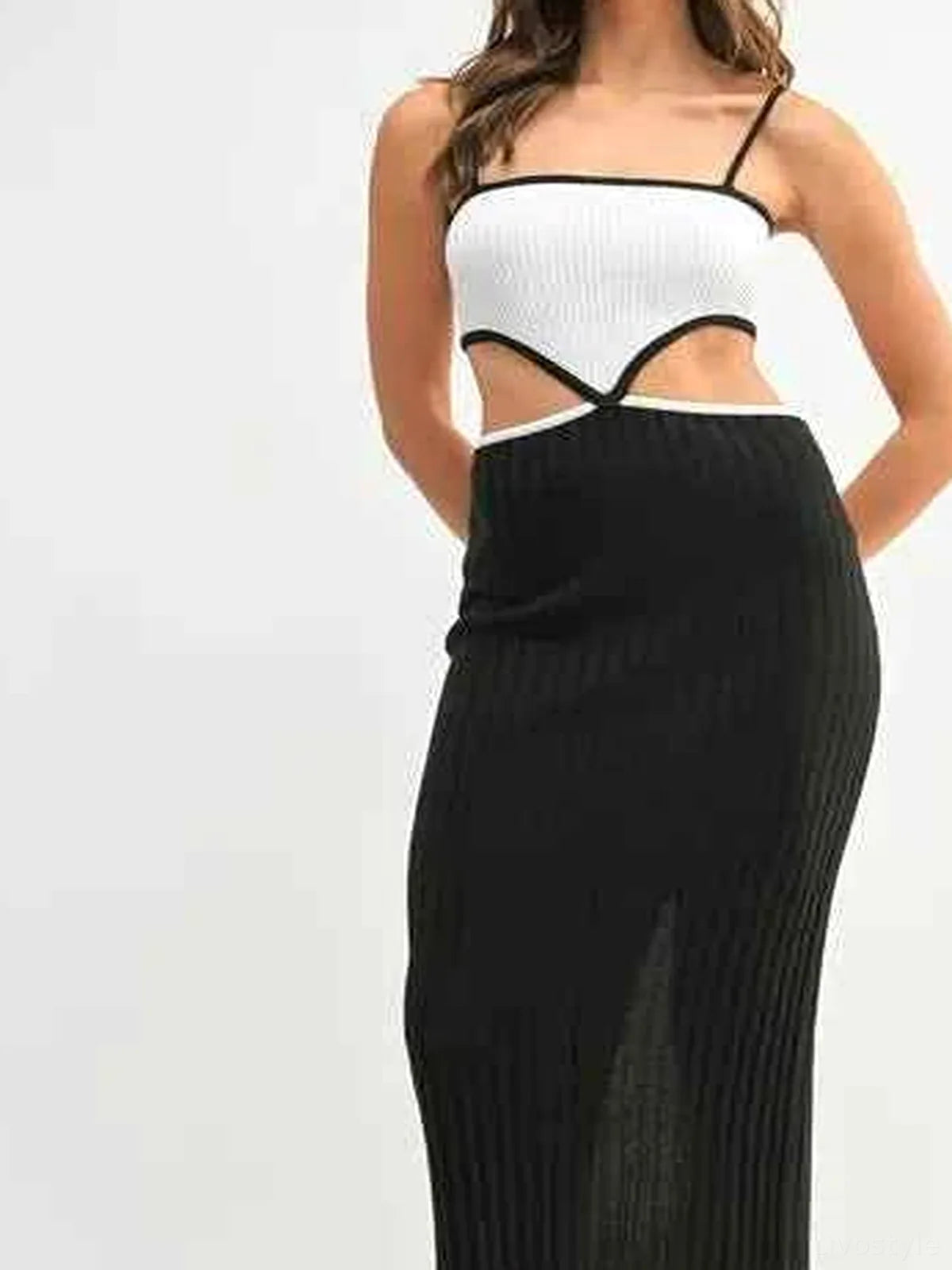 Black Ribbed Knit Color Block Cutout Midi Dress