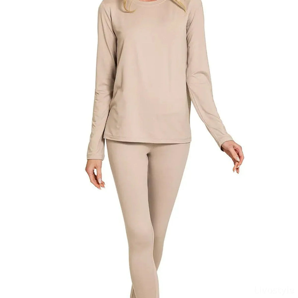 Microfiber Round Neck Long Sleeve Top and Leggings Set