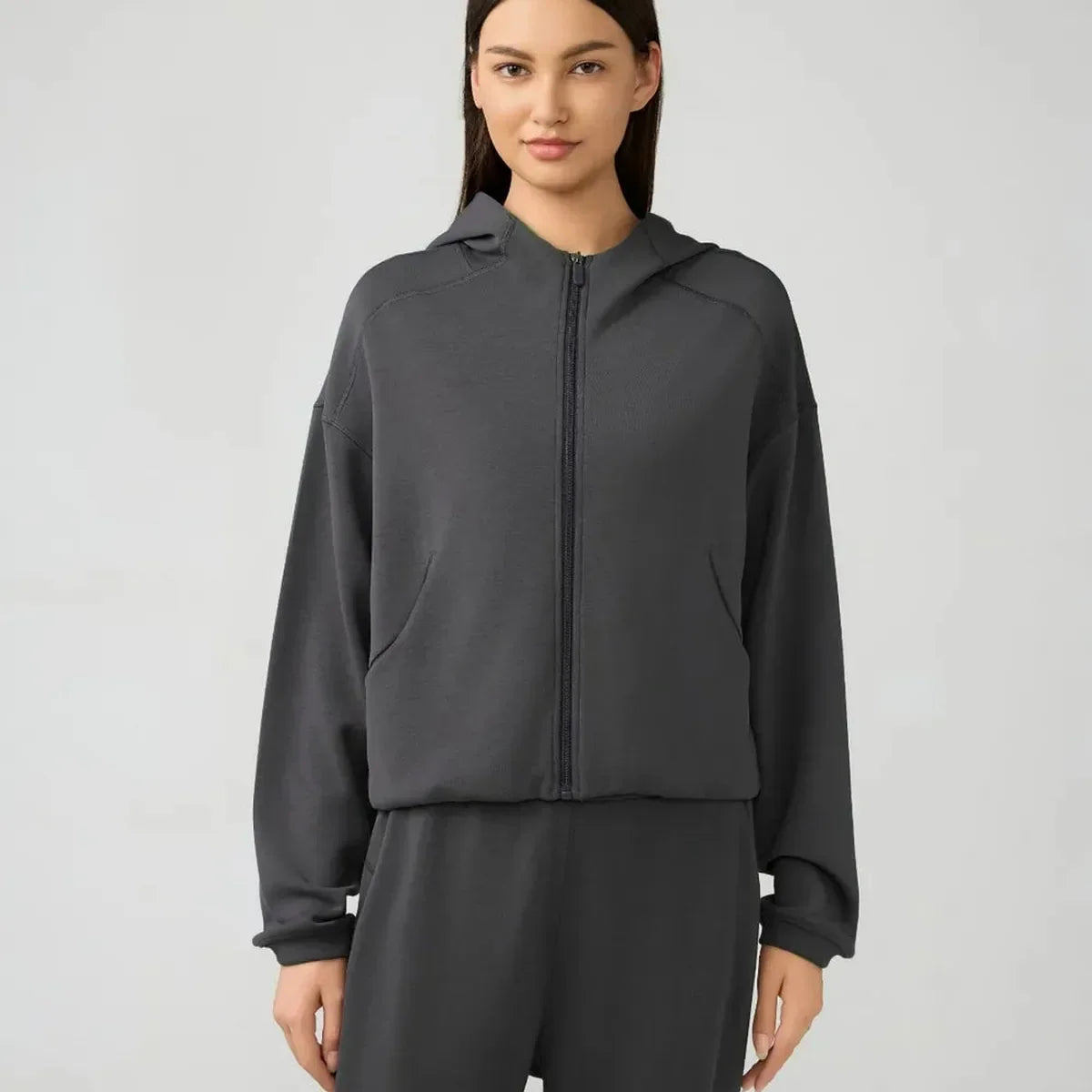 Zip-Up Dropped Shoulder Active Hoodie
