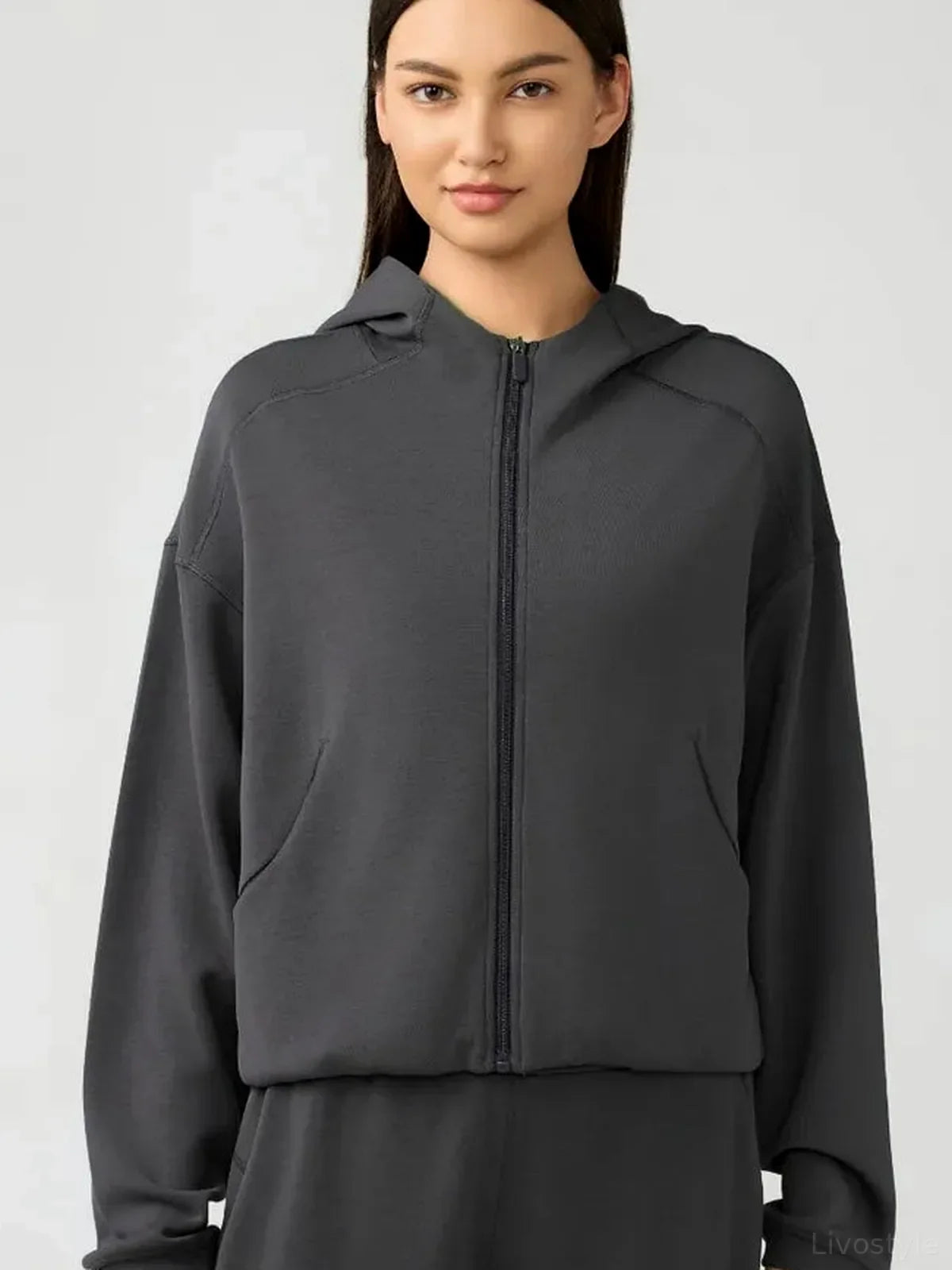 Zip-Up Dropped Shoulder Active Hoodie