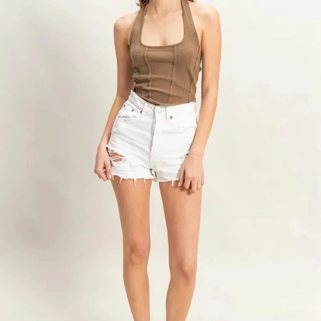 Mineral Wash Fitted Halter Top with Contrast Stitching
