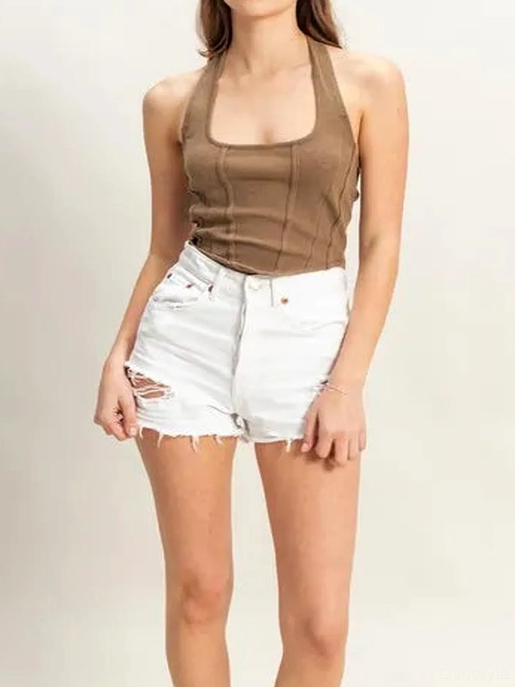 Mineral Wash Fitted Halter Top with Contrast Stitching