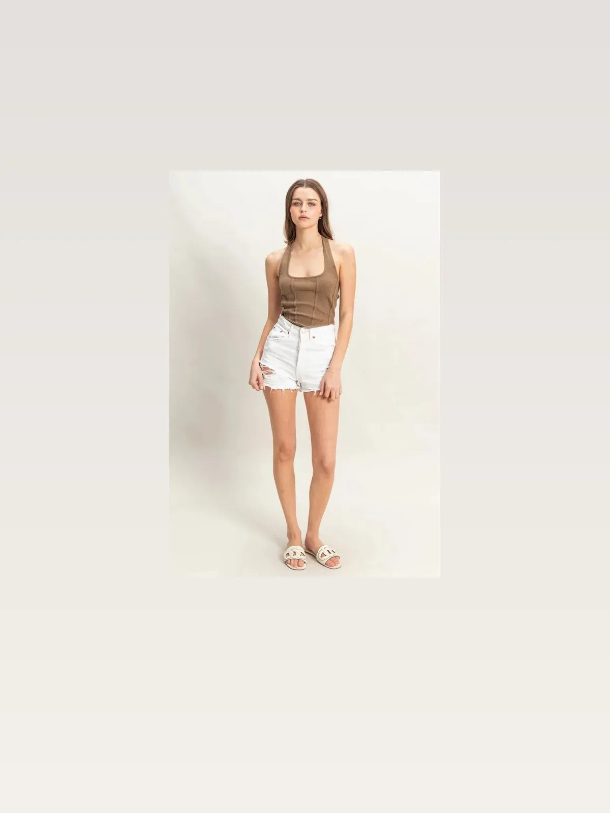Mineral Wash Fitted Halter Top with Contrast Stitching