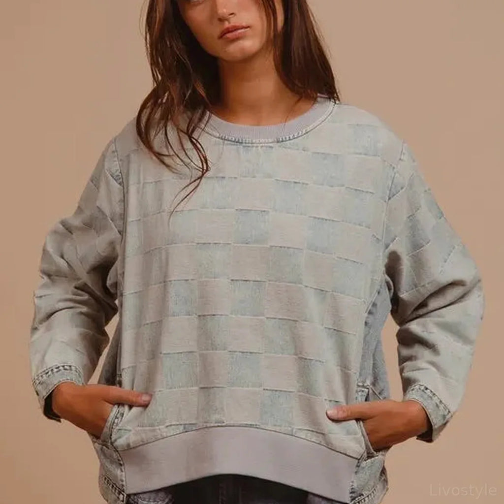 Mineral Washed Checkered Round Neck Denim Top