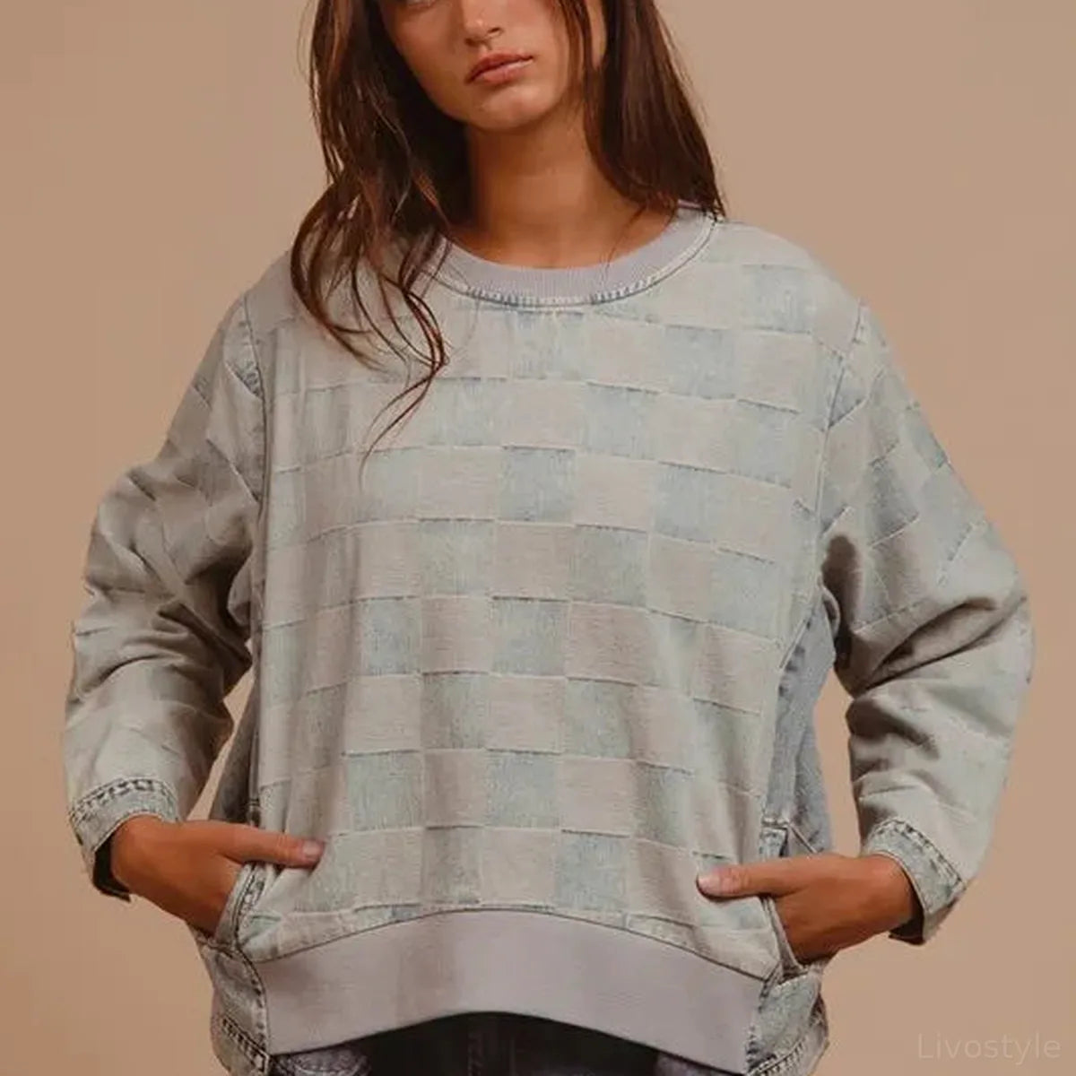 Mineral Washed Checkered Round Neck Denim Top