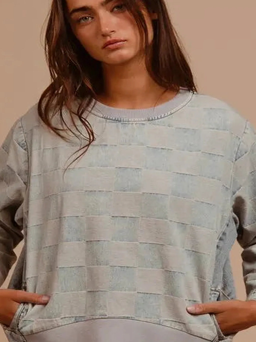 Mineral Washed Checkered Round Neck Denim Top