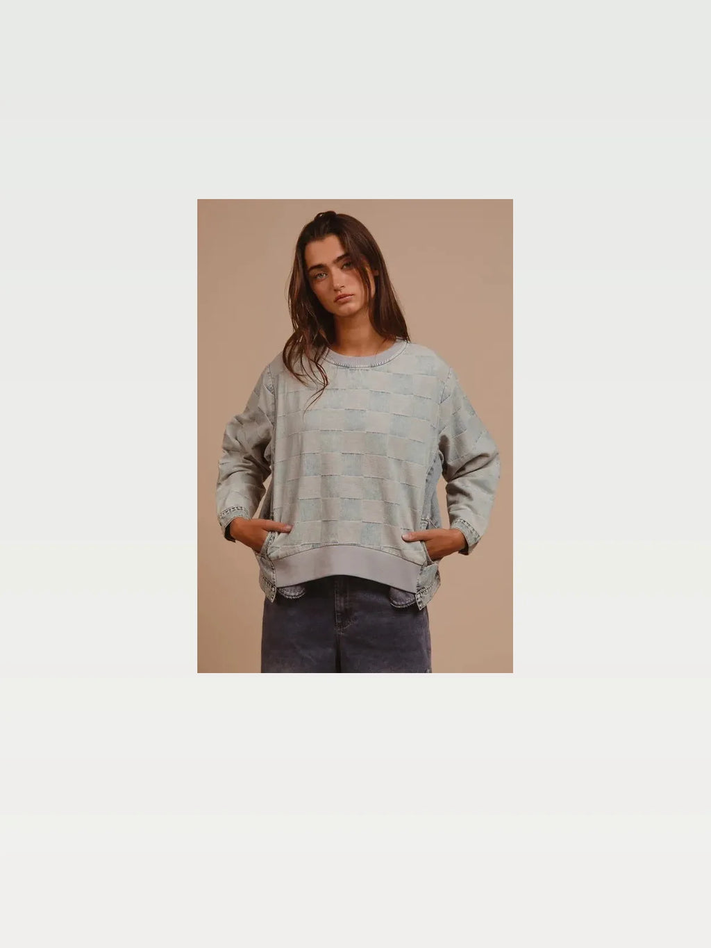 Mineral Washed Checkered Round Neck Denim Top