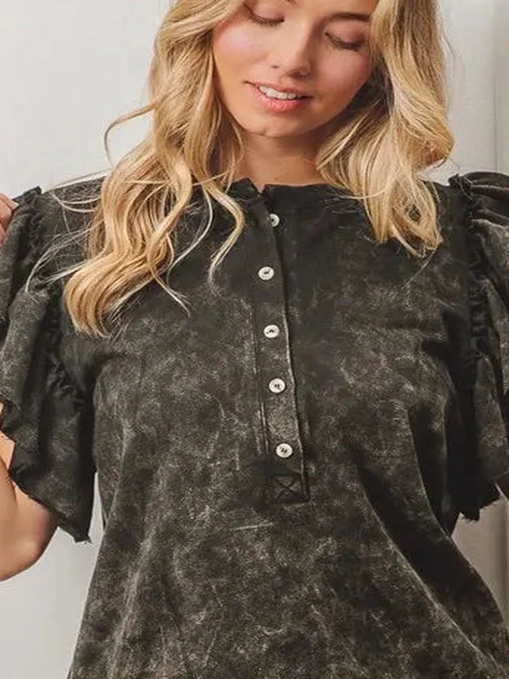 Mineral Washed Terry Button-Placket Top with Ruffle Sleeves