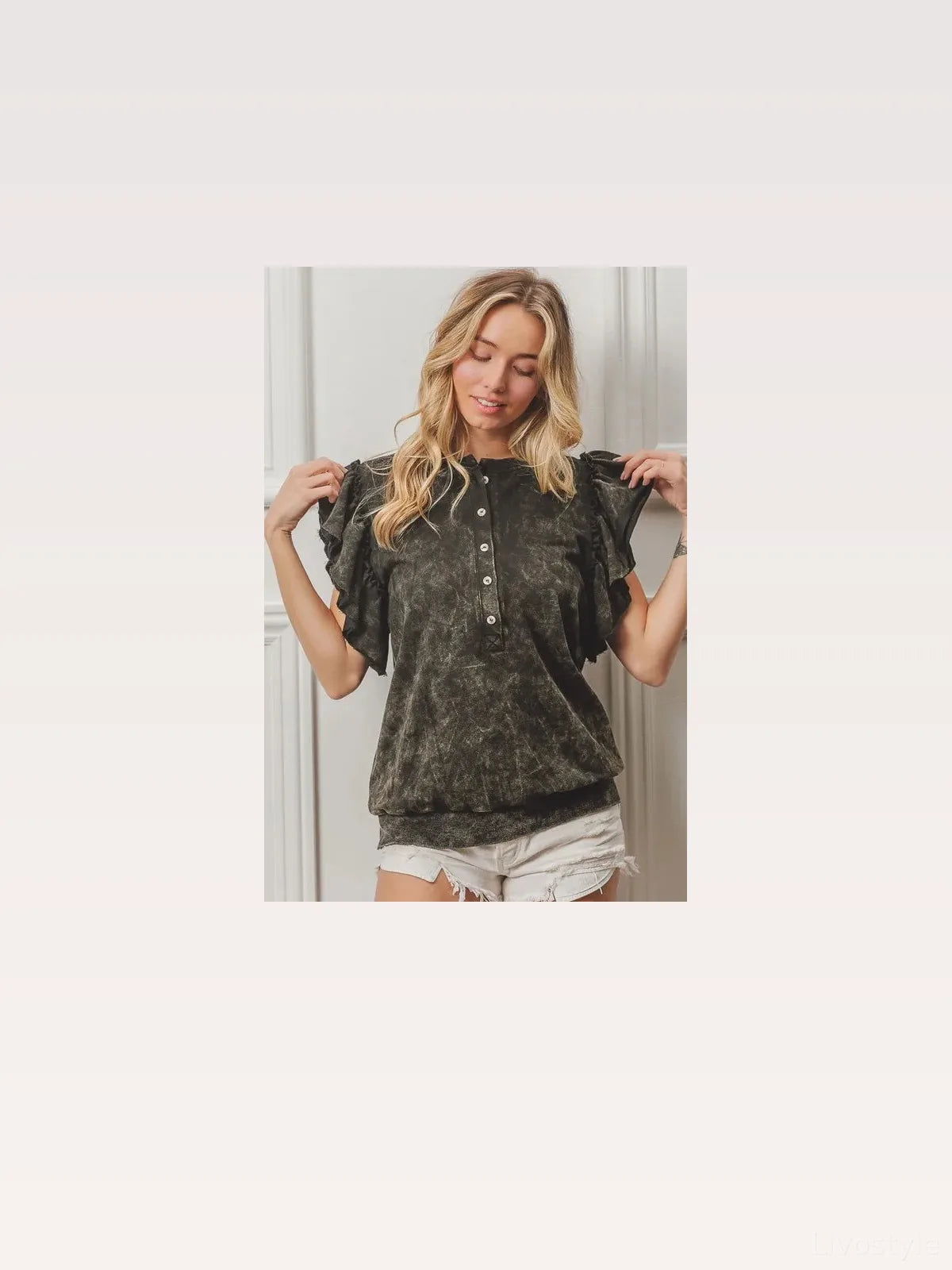 Mineral Washed Terry Button-Placket Top with Ruffle Sleeves