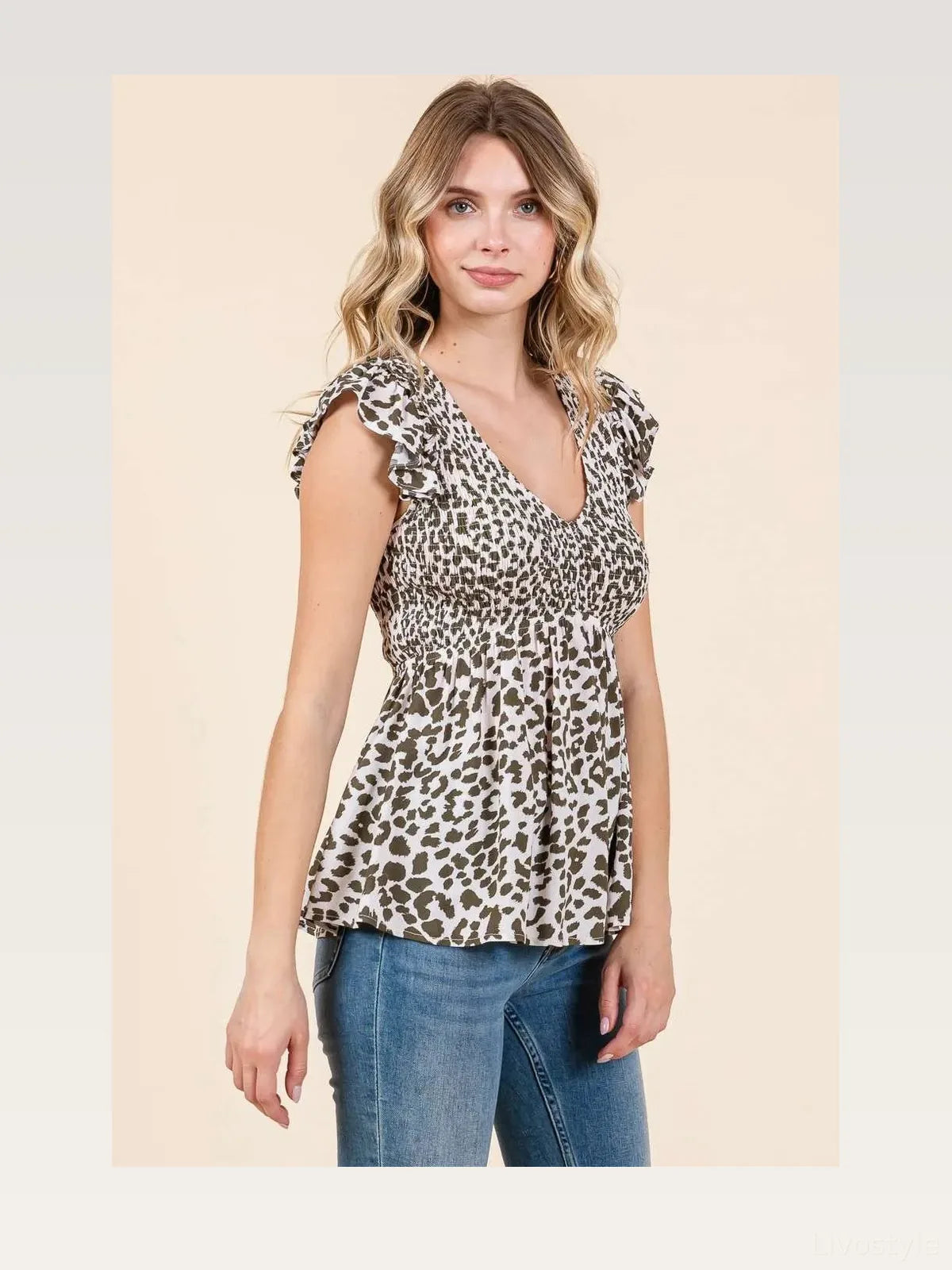 Leopard Print Ruffle Smocked Blouse in Olive