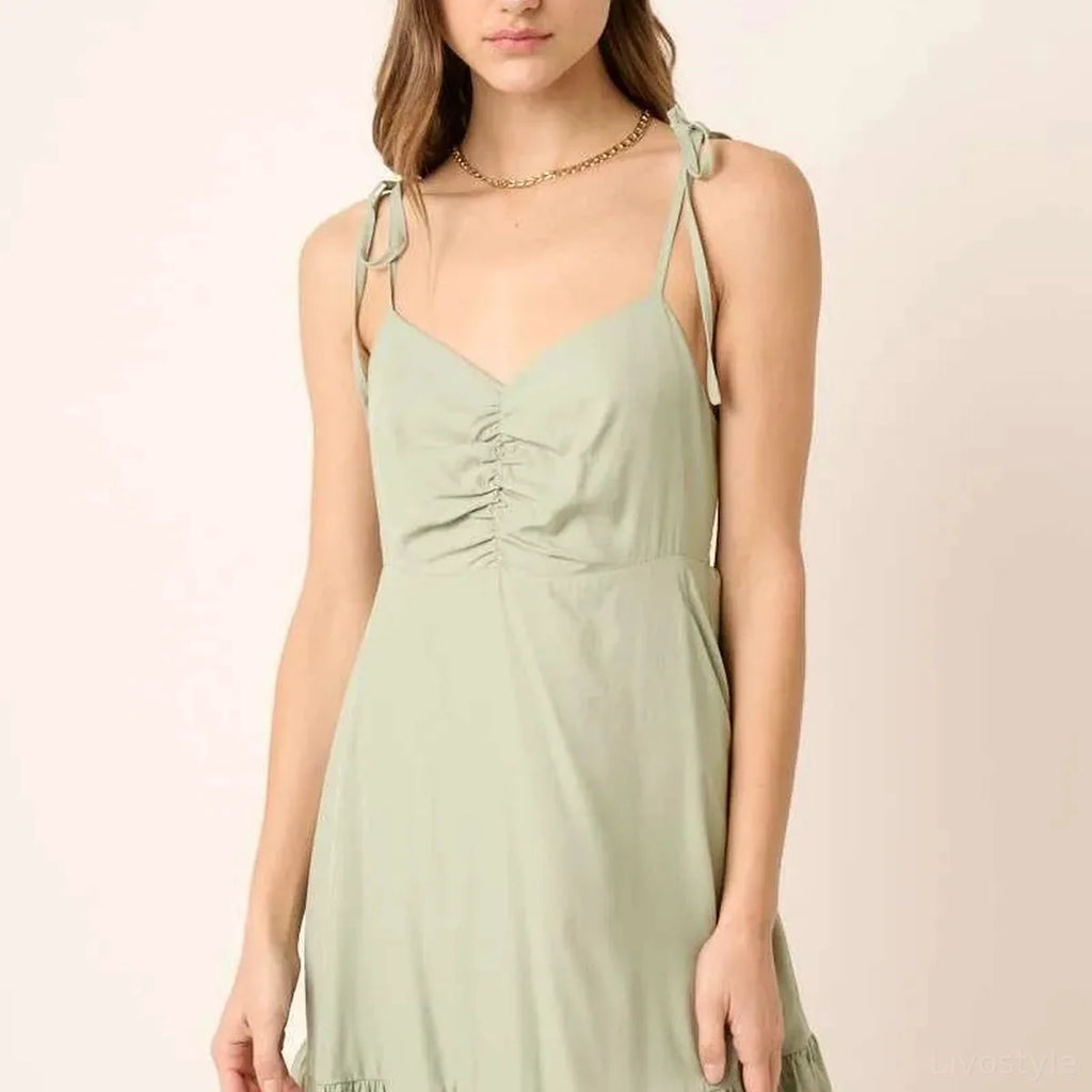 Ruched Spaghetti Strap Tie Mini Dress in Sage