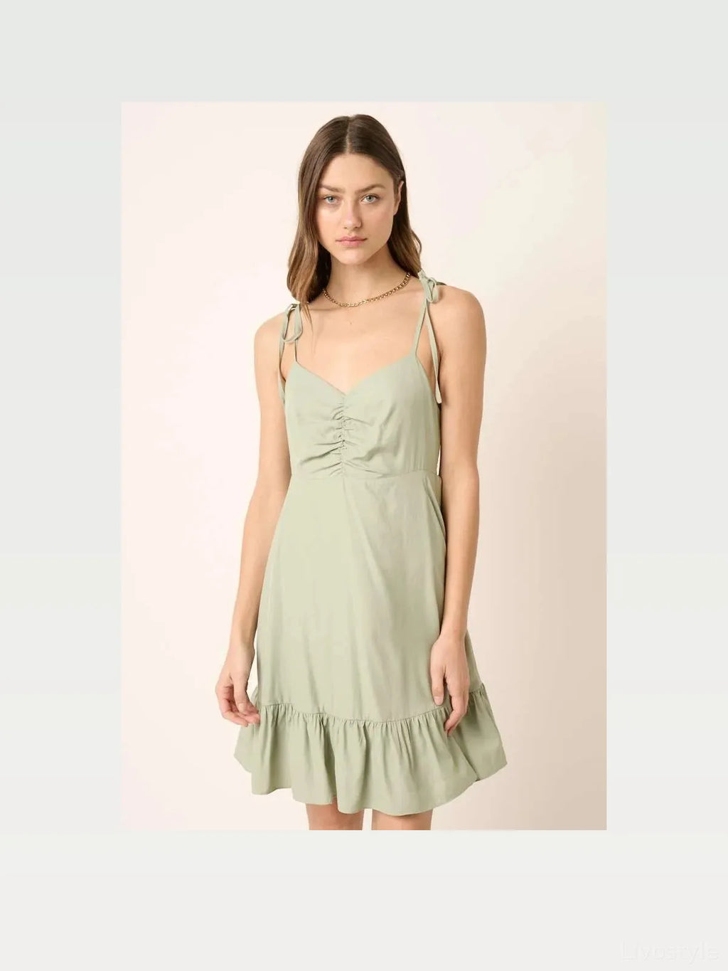 Ruched Spaghetti Strap Tie Mini Dress in Sage