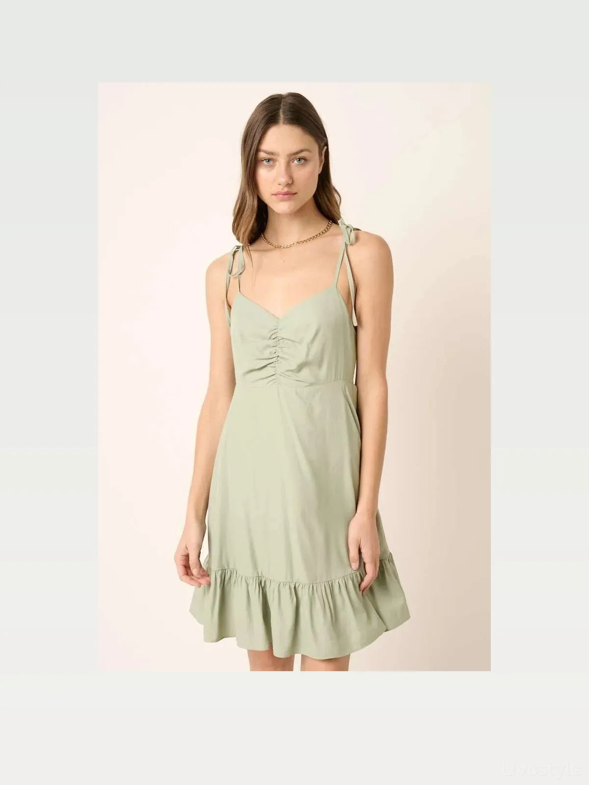 Ruched Spaghetti Strap Tie Mini Dress in Sage