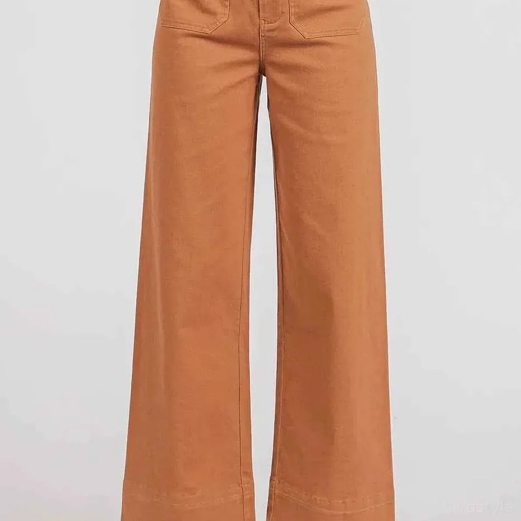 High Rise Wide Leg Twill Pants with Patch Pockets – Cinnamon
