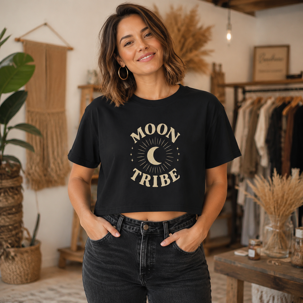 Moon Tribe Crop Tee — Celestial Women's Graphic Shirt