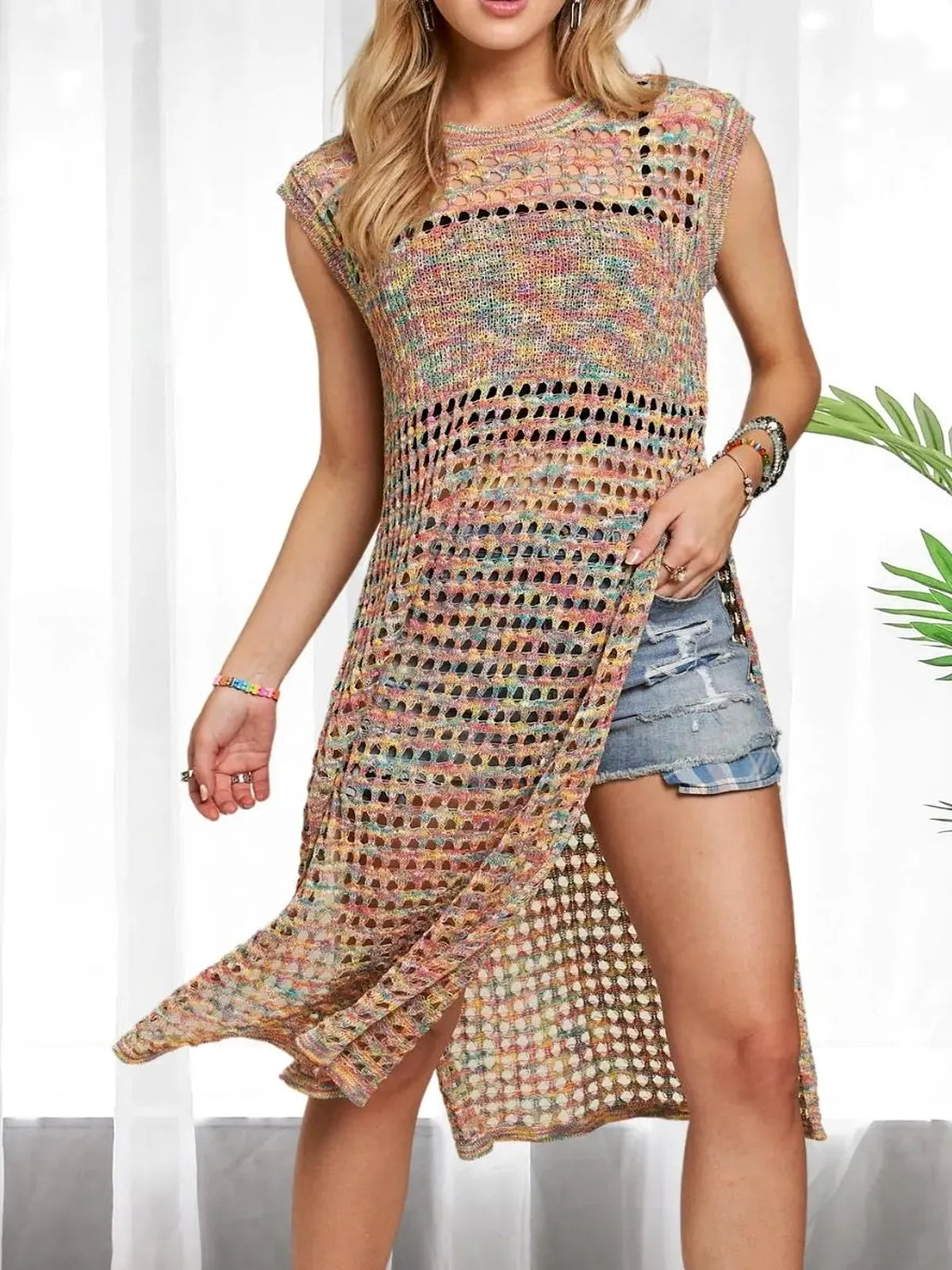 Bohemian Rainbow Crochet Tunic Top with Side Slits