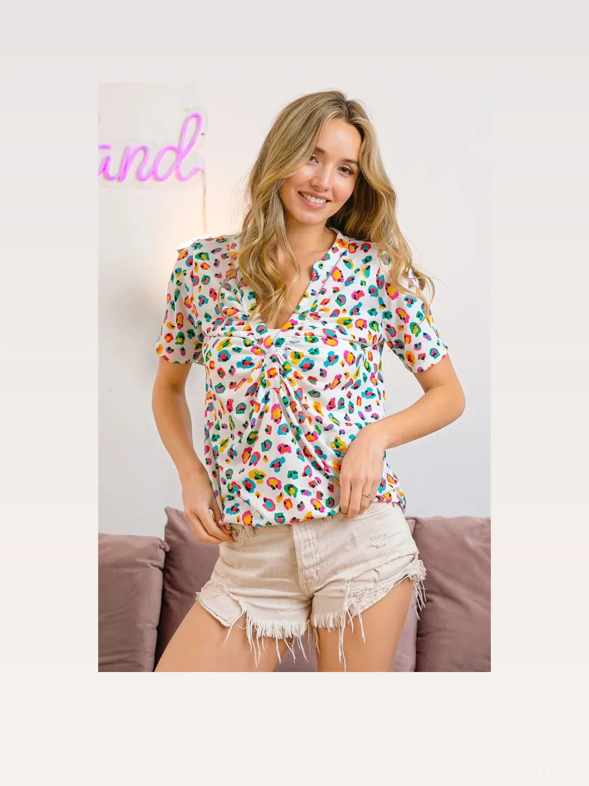 Leopard Print Shirred V-Neck Jersey Top