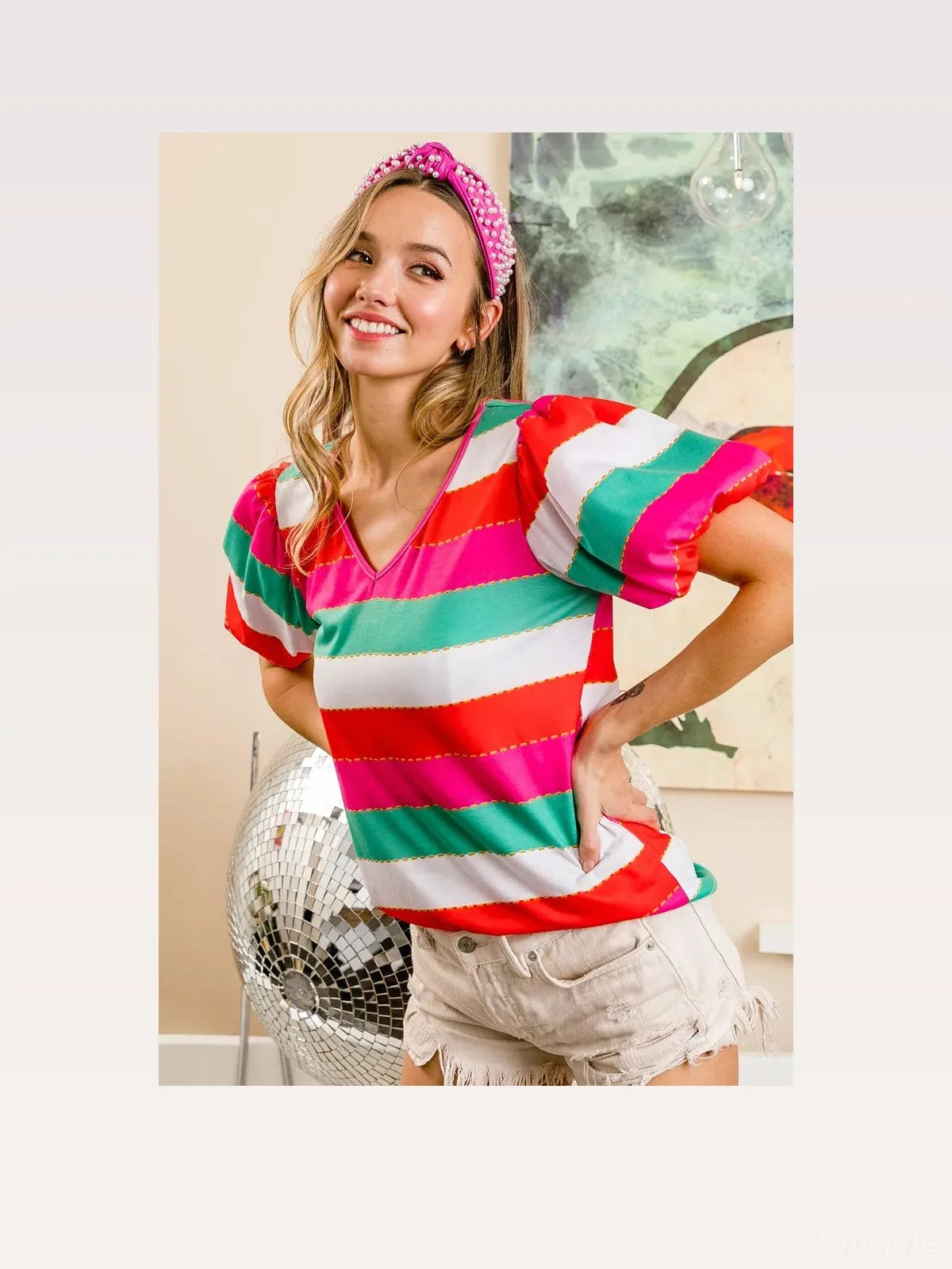 Multi-Stripe Puff Sleeve V-Neck Top