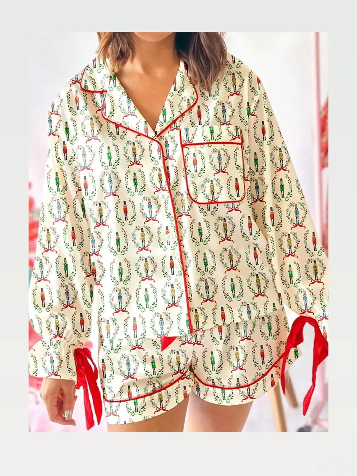 Beige Nutcracker Print Long Sleeve Top and Shorts Lounge Set