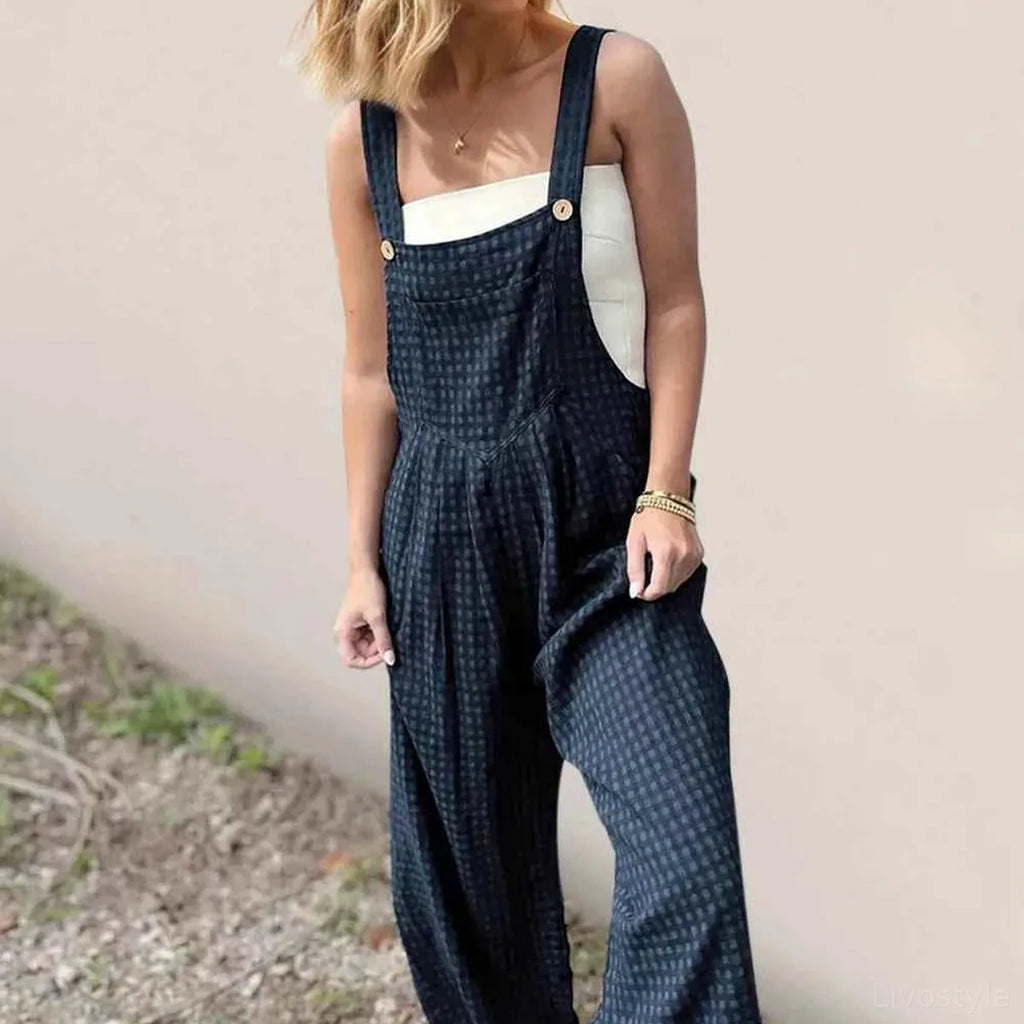 Plaid Wide Leg Overalls with Pockets