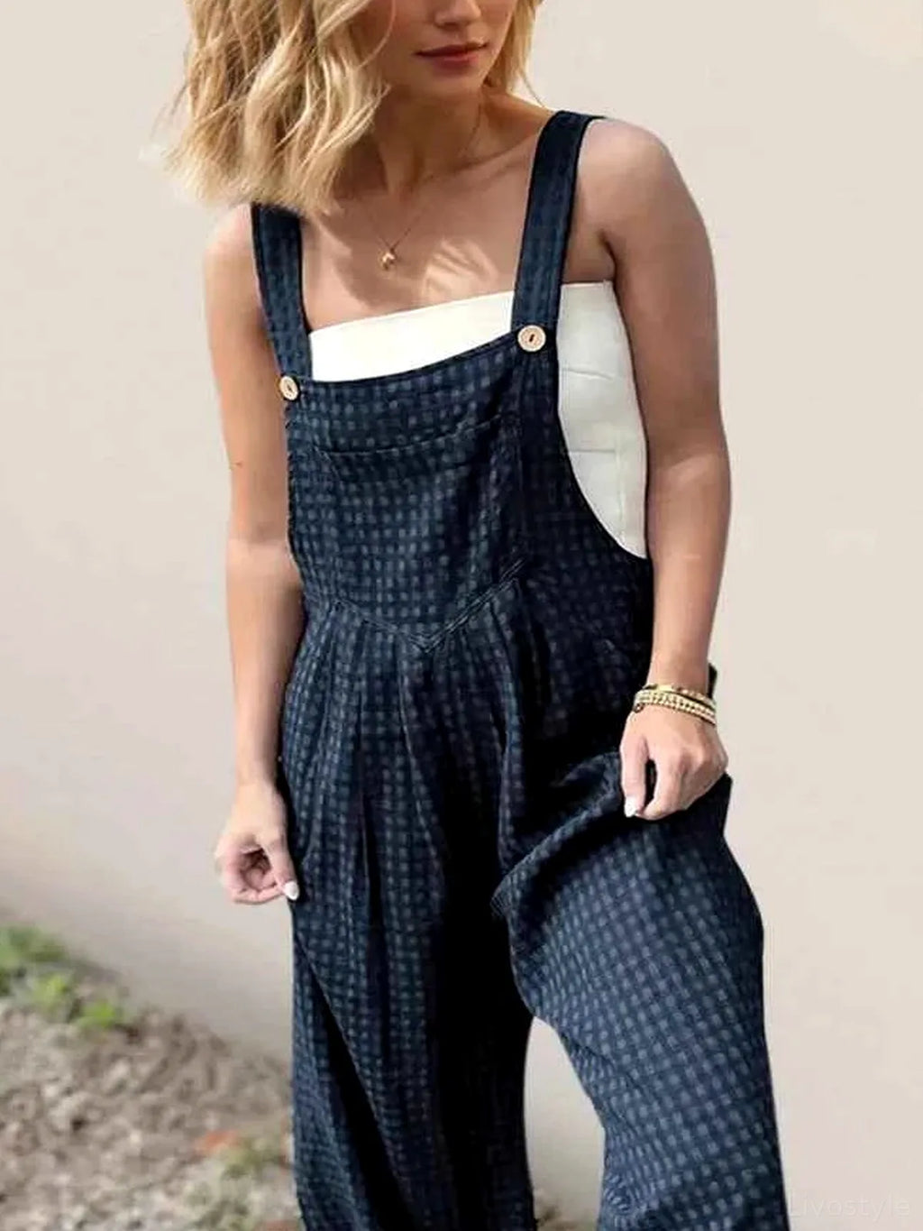 Plaid Wide Leg Overalls with Pockets