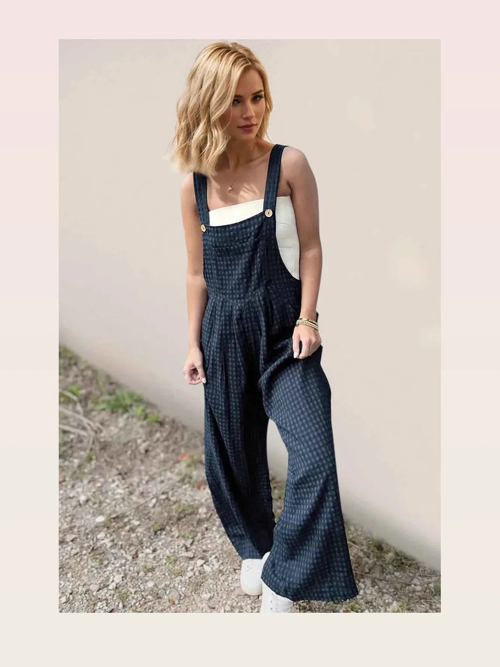 Plaid Wide Leg Overalls with Pockets