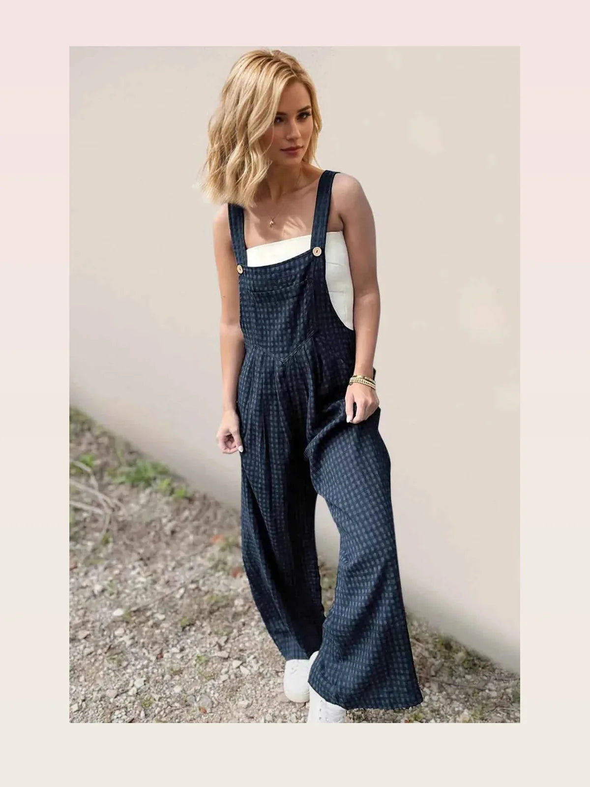 Plaid Wide Leg Overalls with Pockets