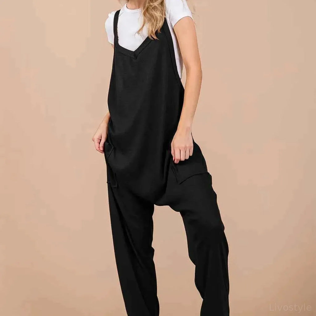 V-Neck Wide Strap Cotton-Blend Overalls with Pockets