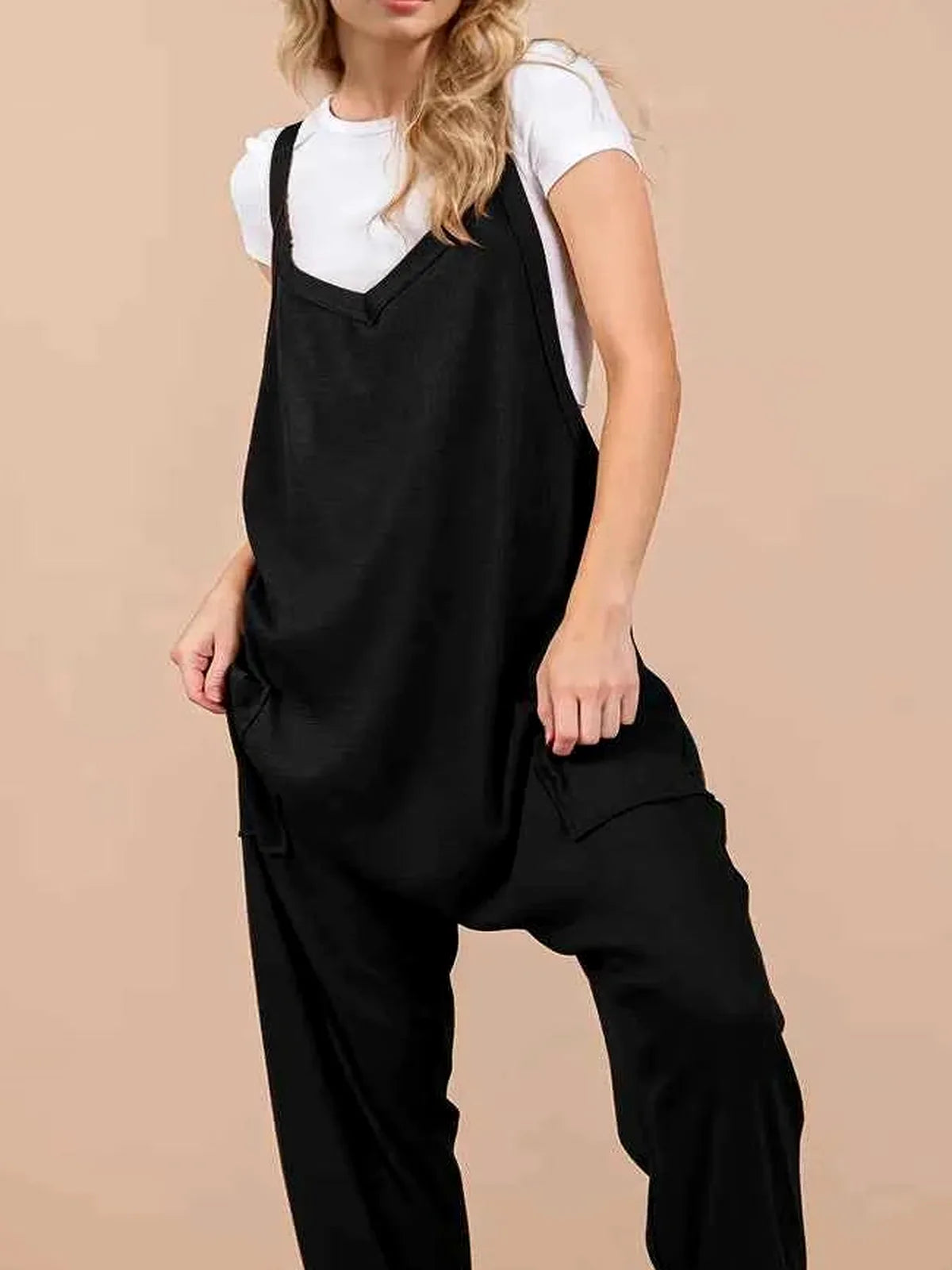 V-Neck Wide Strap Cotton-Blend Overalls with Pockets