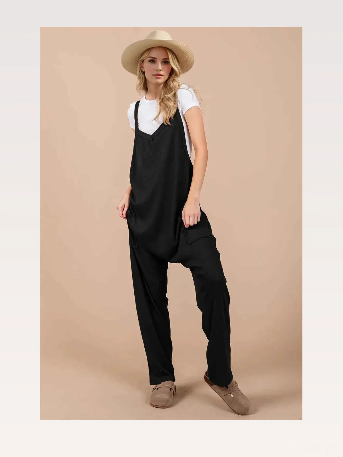 V-Neck Wide Strap Cotton-Blend Overalls with Pockets