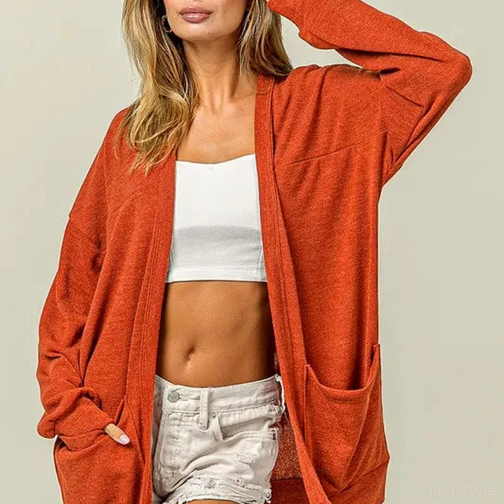 Open Front Drop Shoulder Cardigan with Pockets
