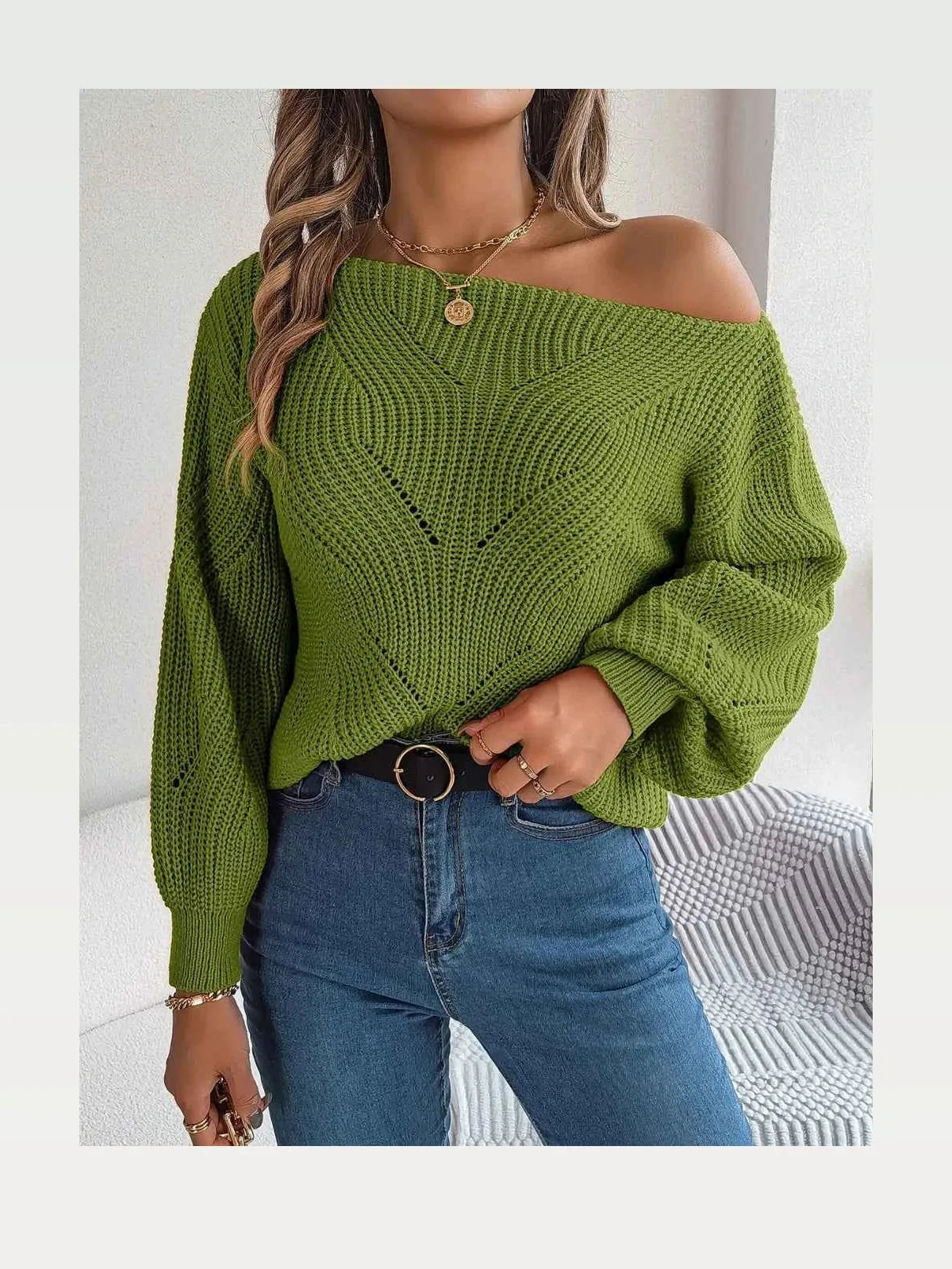 Openwork Textured Knit Balloon Sleeve Sweater