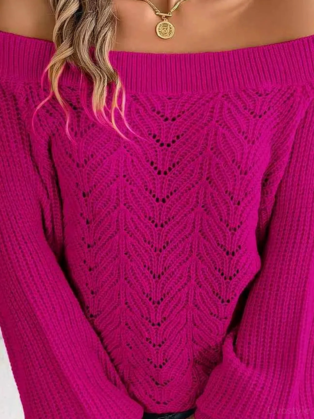 Openwork Off-Shoulder Long Sleeve Sweater