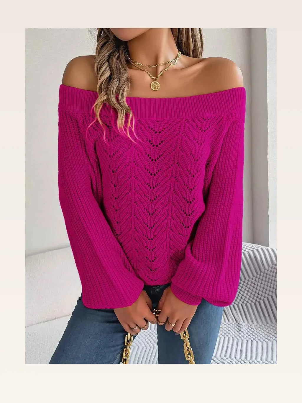 Openwork Off-Shoulder Long Sleeve Sweater